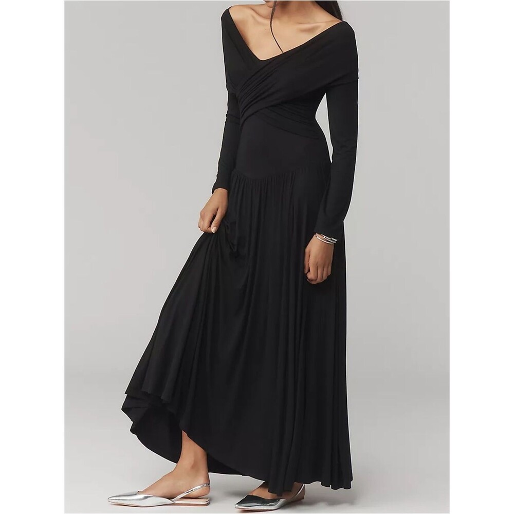 Anthropologie Black Long Sleeve Off-The-Shoulder Knit Maxi Dress Extra Small